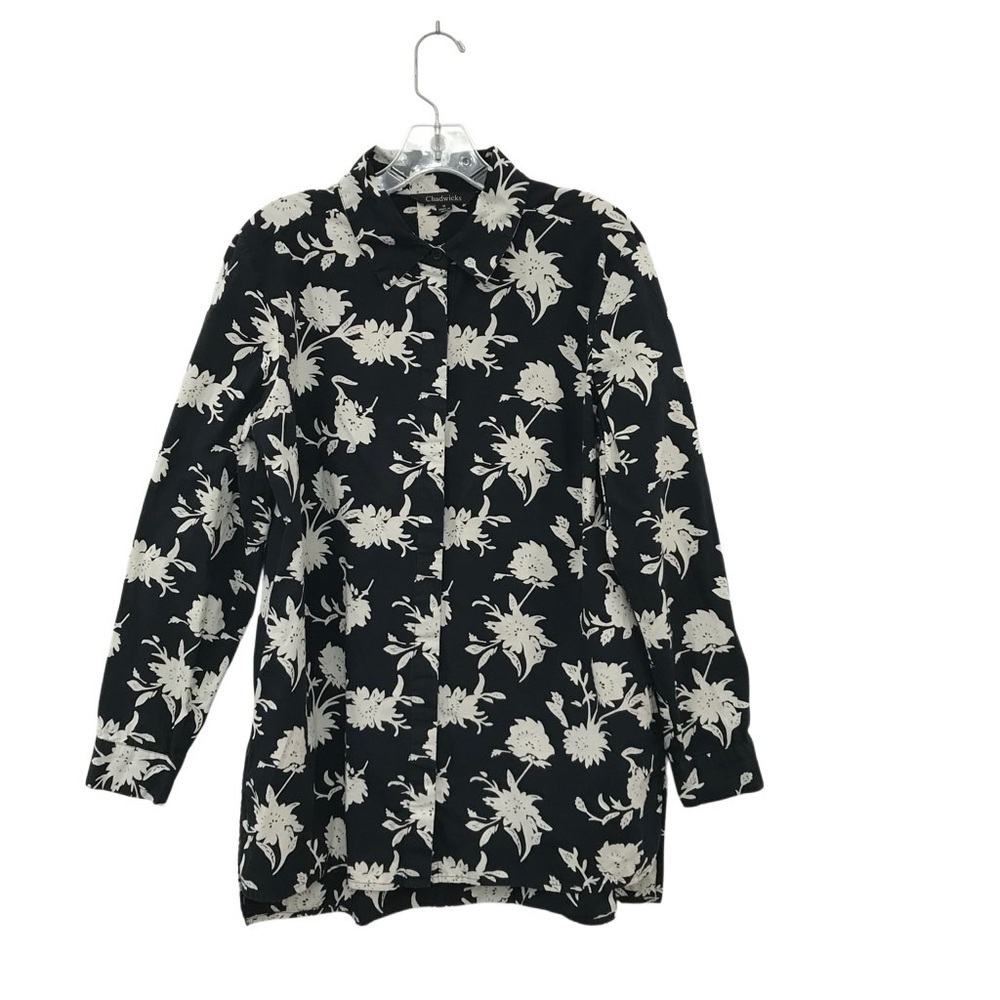 Chadwicks Black and White Floral Button Down Shirt Hi- Low Hem Size Medium